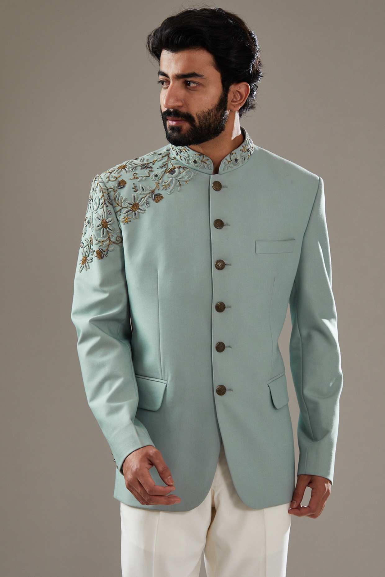 On Trend Mint Green Art Silk Embroidered Jodhpuri Suit MSTV02406